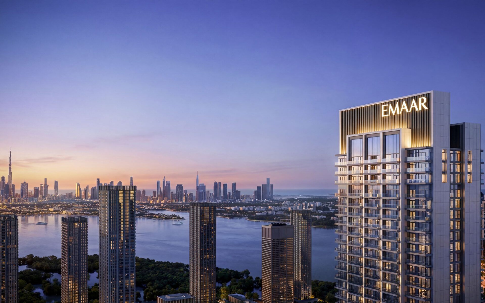 Valia tower rising above Dubai Creek Harbour with the Dubai skyline behind